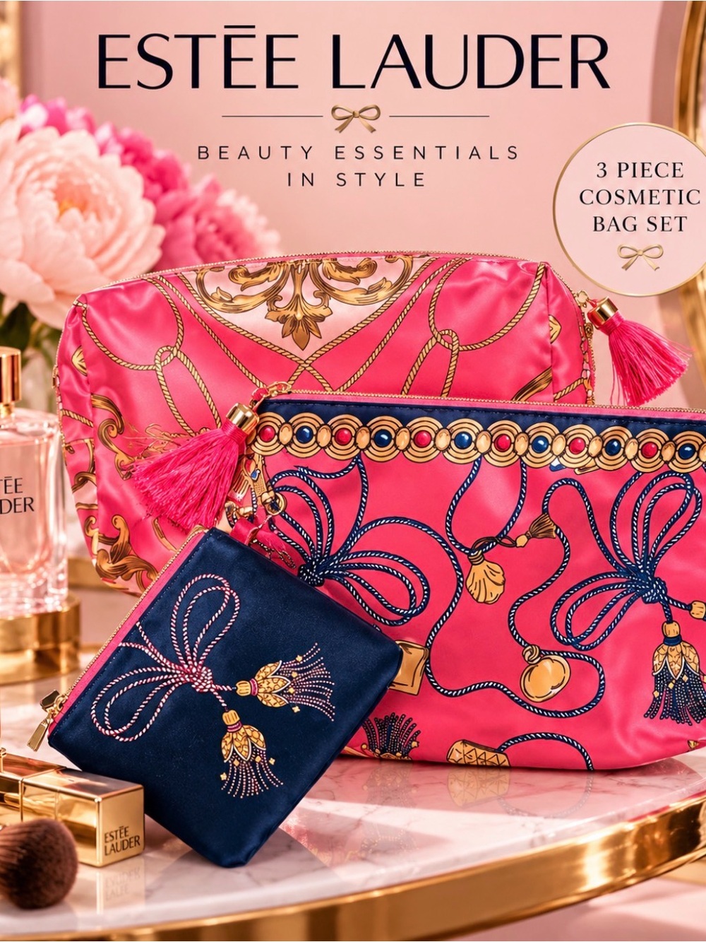 ESTEE LAUDER- Cosmetic Bags with Gold Tassel Motif